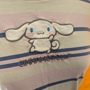 Sanrio medium Cinnamon Roll pink/blue striped shirt